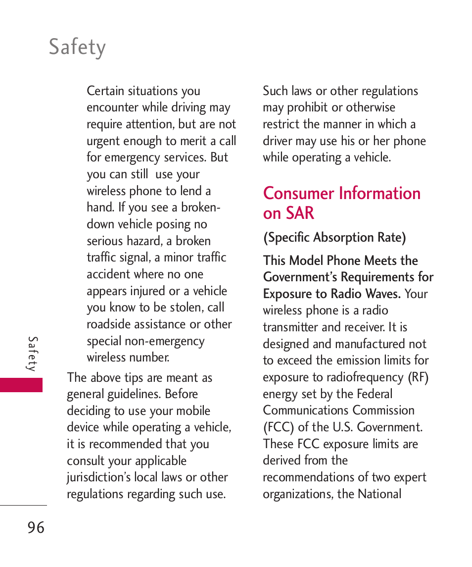 Consumer information on sar, Consumer information on sar, Safety | LG -UX220 User Manual | Page 98 / 112