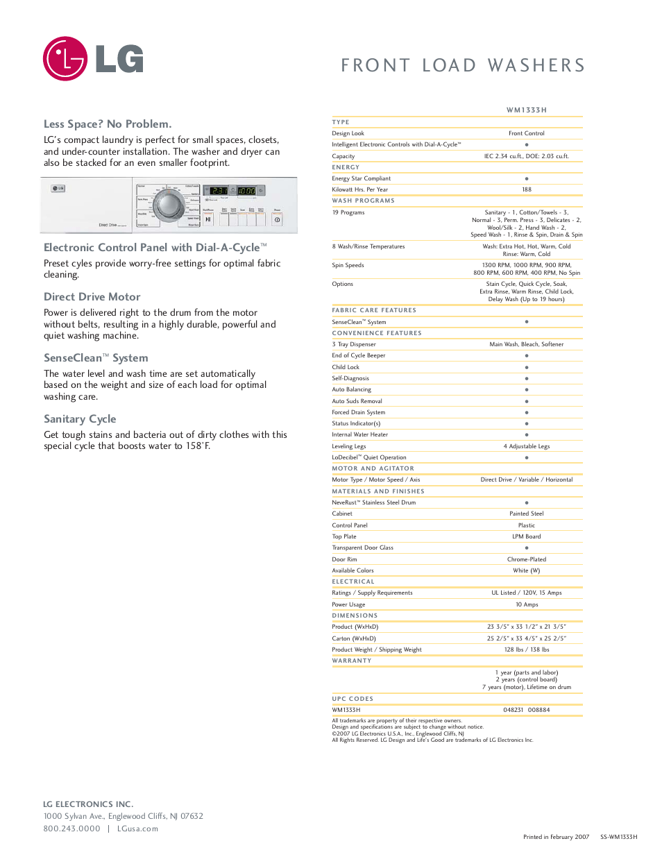 Less space? no problem, Electronic control panel with dial-a-cycle, Direct drive motor | Senseclean, System, Sanitary cycle | LG WM1333H User Manual | Page 2 / 2