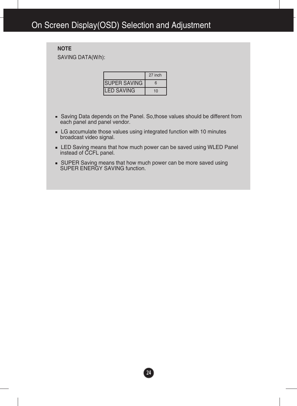 On screen display(osd) selection and adjustment | LG E2711PY User Manual | Page 26 / 34