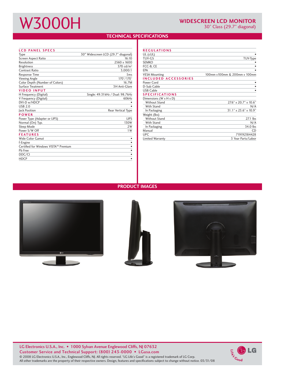 W3000h, Widescreen lcd monitor | LG W3000H User Manual | Page 2 / 2