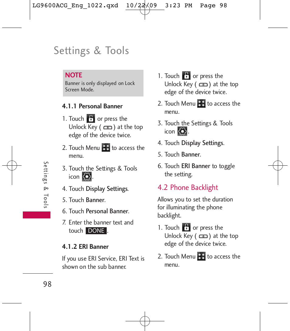 Settings & tools, 2 phone backlight | LG 9600 User Manual | Page 100 / 338