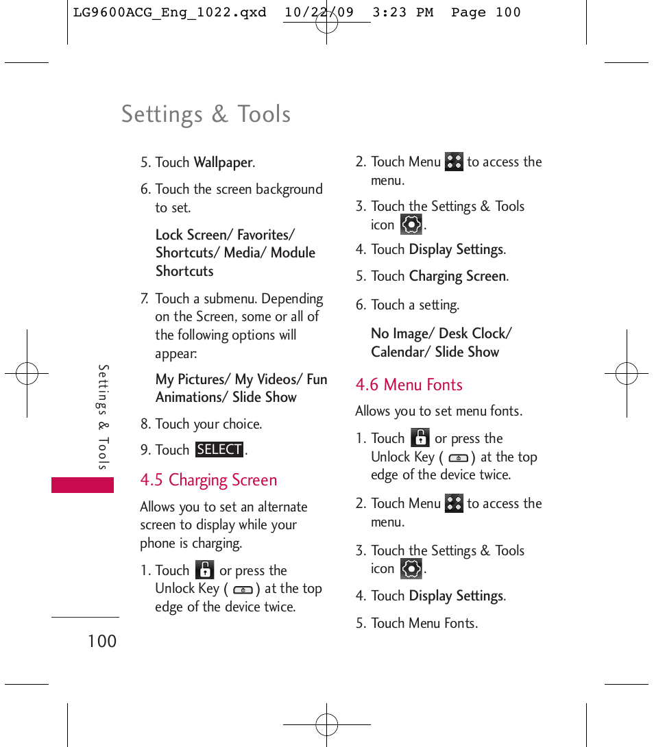 Settings & tools, 5 charging screen, 6 menu fonts | LG 9600 User Manual | Page 102 / 338