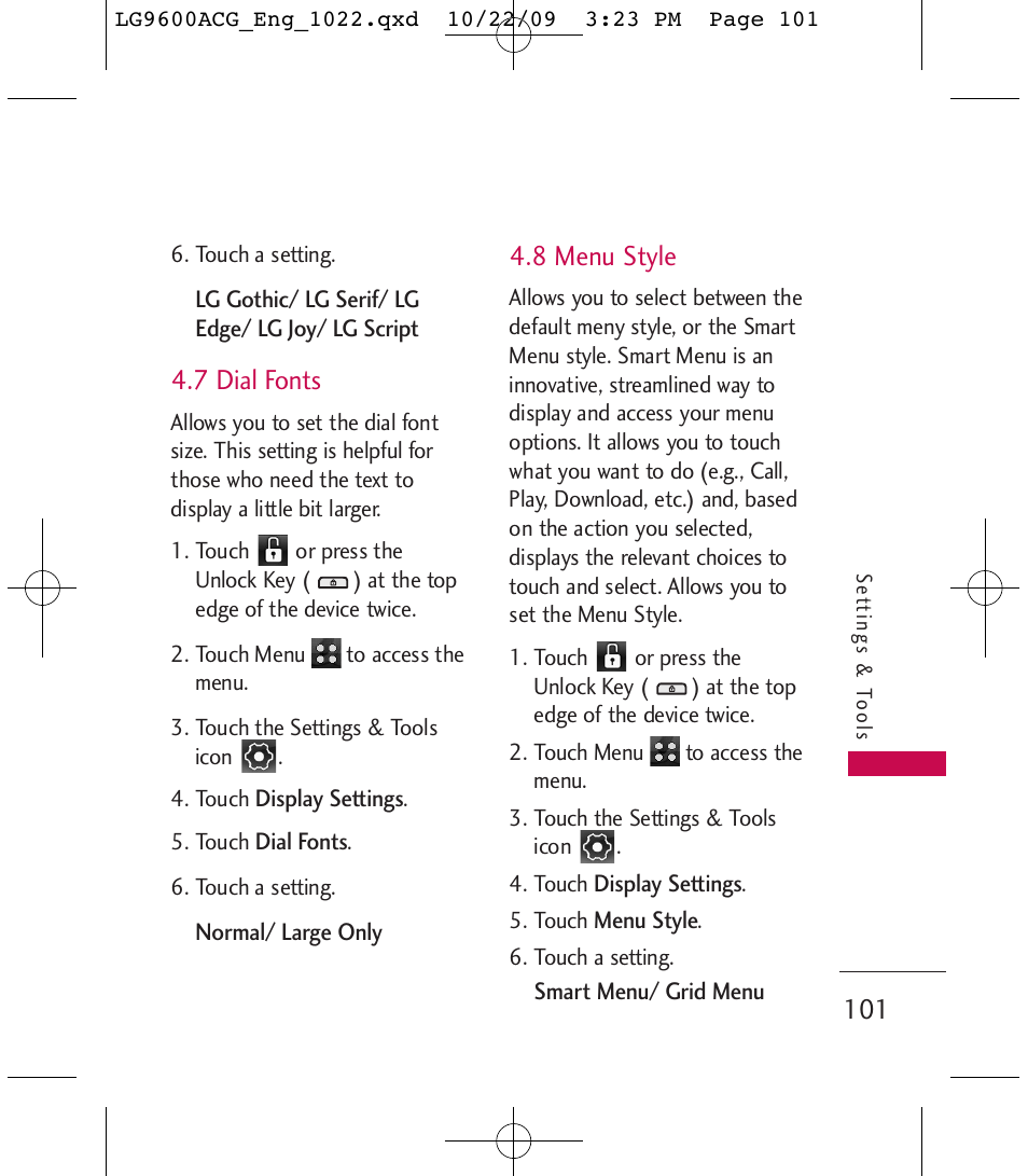7 dial fonts, 8 menu style | LG 9600 User Manual | Page 103 / 338