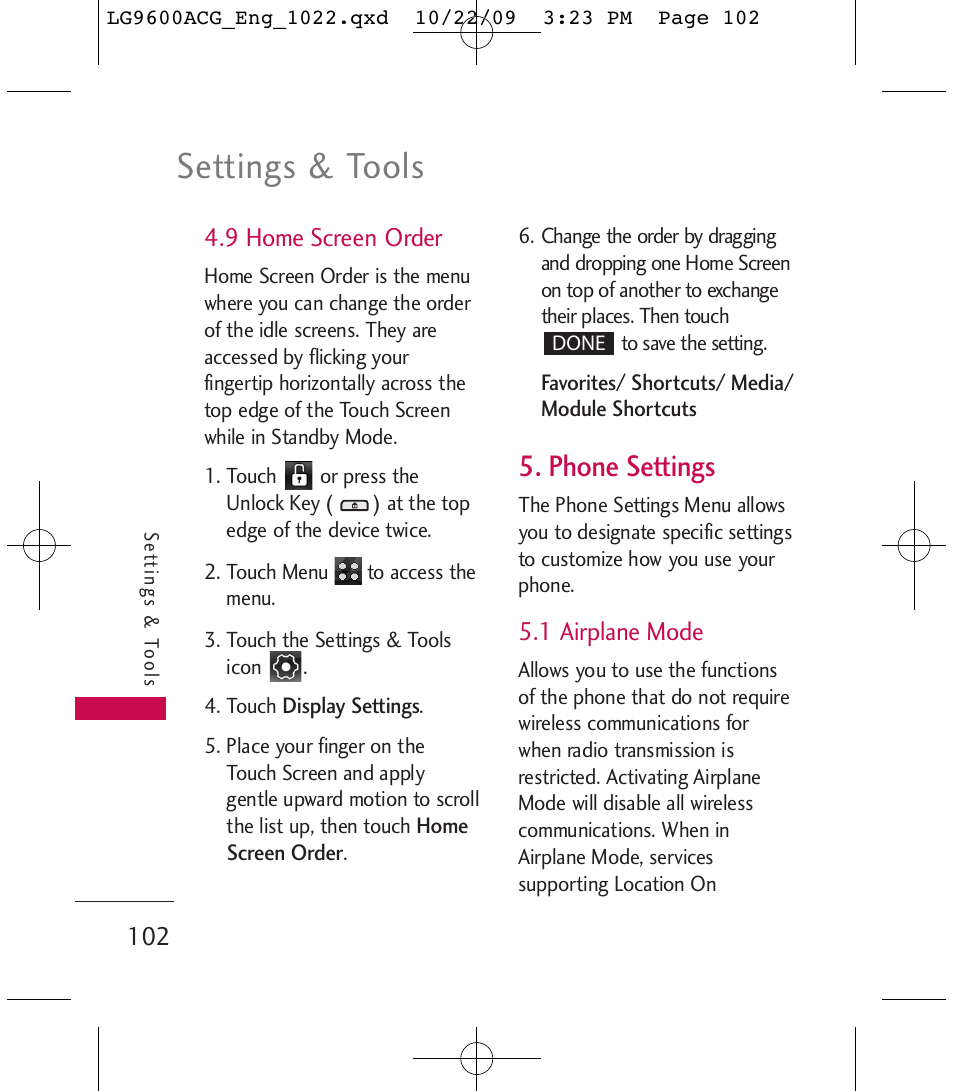 Settings & tools, Phone settings | LG 9600 User Manual | Page 104 / 338