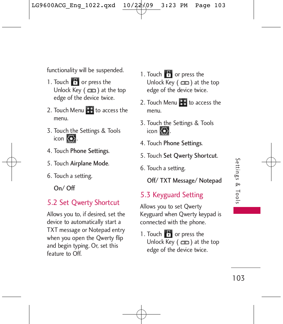 2 set qwerty shortcut, 3 keyguard setting | LG 9600 User Manual | Page 105 / 338