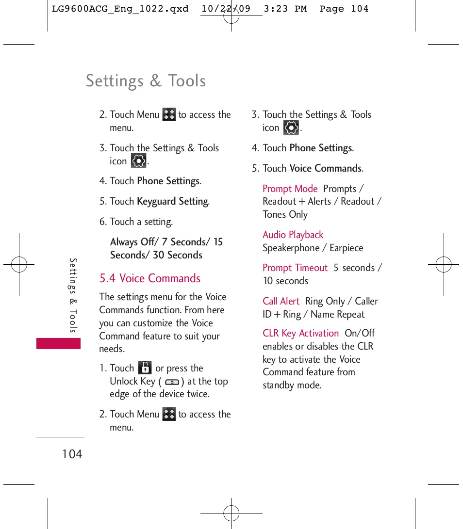 Settings & tools, 4 voice commands | LG 9600 User Manual | Page 106 / 338