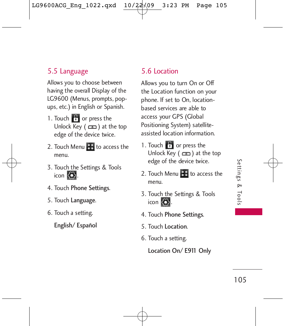 5 language, 6 location | LG 9600 User Manual | Page 107 / 338