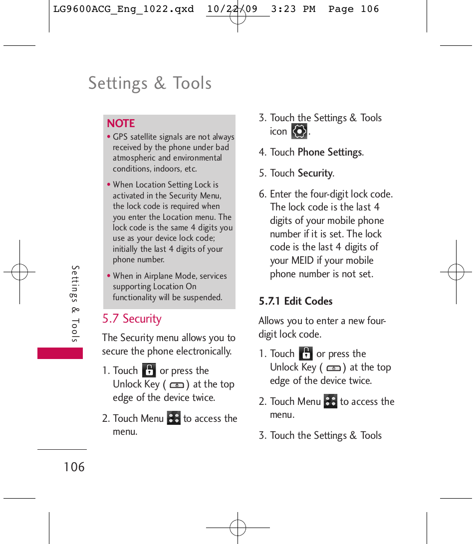 Settings & tools, 7 security | LG 9600 User Manual | Page 108 / 338