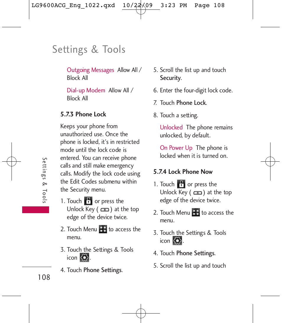 Settings & tools | LG 9600 User Manual | Page 110 / 338