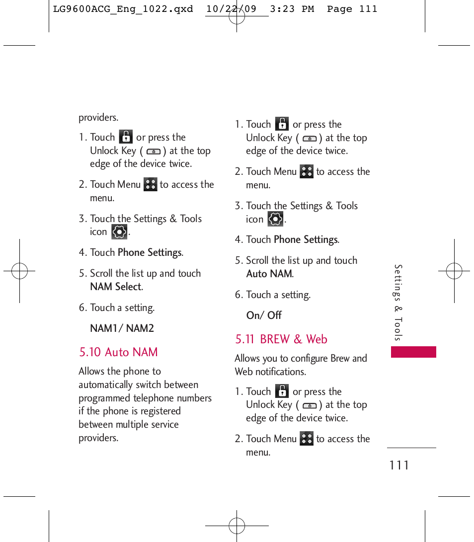 10 auto nam, 11 brew & web | LG 9600 User Manual | Page 113 / 338