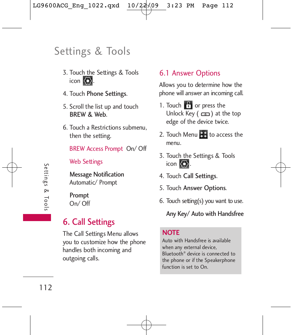 Settings & tools, Call settings, 1 answer options | LG 9600 User Manual | Page 114 / 338