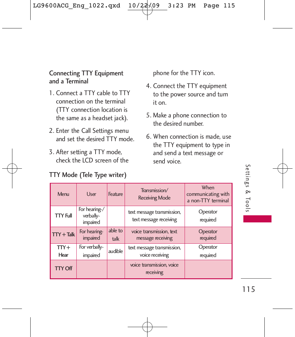 Connecting tty equipment and a terminal, Tty mode (tele type writer) | LG 9600 User Manual | Page 117 / 338
