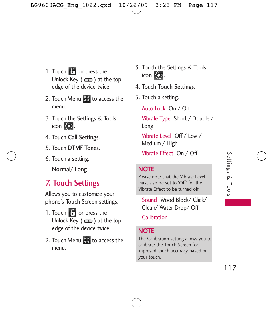 Touch settings | LG 9600 User Manual | Page 119 / 338