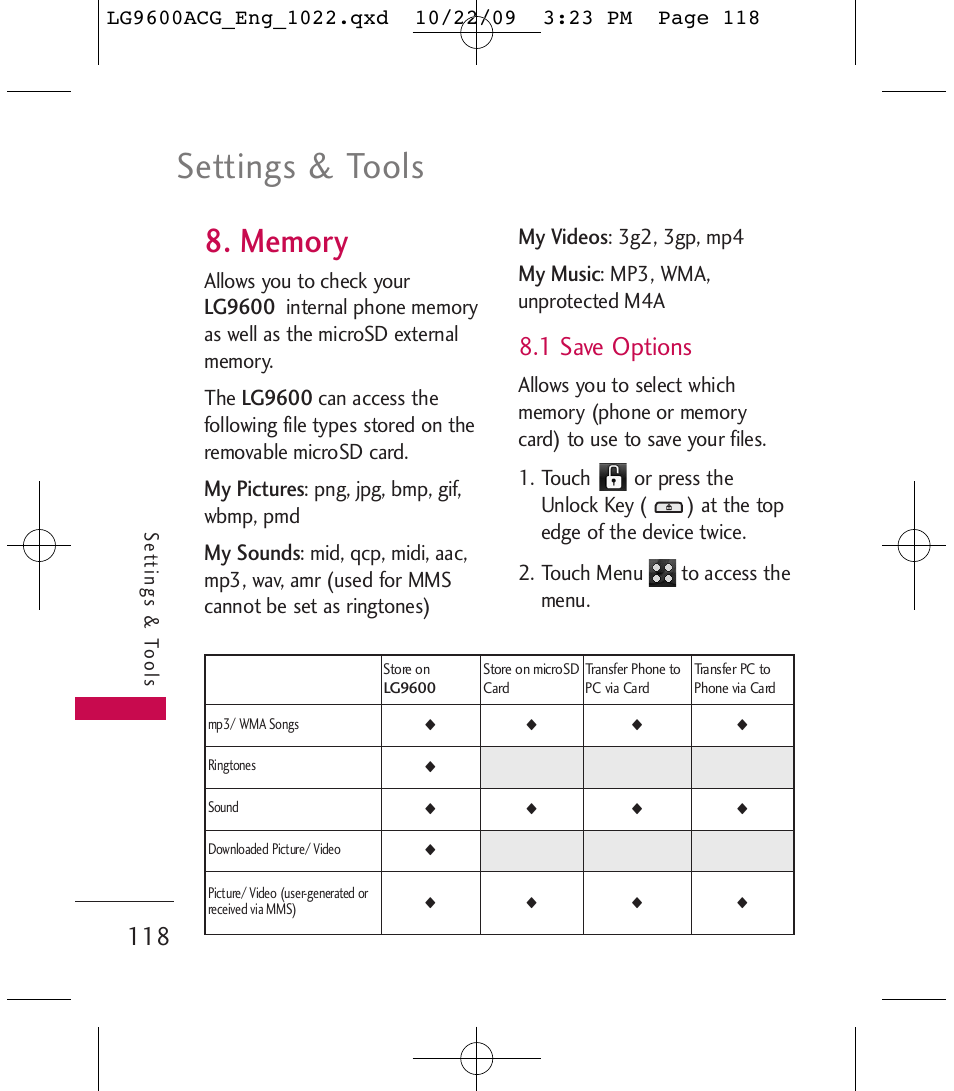 Settings & tools, 1 save options, My pictures | My sounds, My videos, My music, Png, jpg, bmp, gif, wbmp, pmd, 3g2, 3gp, mp4, Mp3, wma, unprotected m4a | LG 9600 User Manual | Page 120 / 338