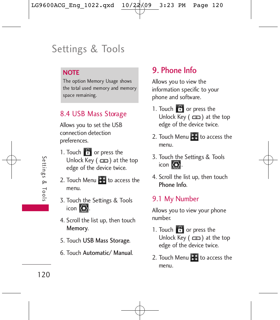 Settings & tools, Phone info | LG 9600 User Manual | Page 122 / 338