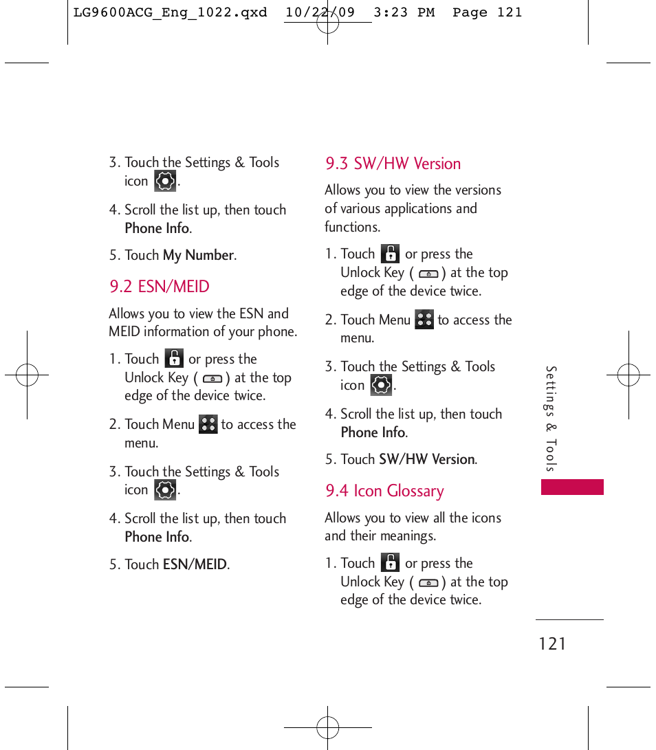 2 esn/meid, 3 sw/hw version, 4 icon glossary | LG 9600 User Manual | Page 123 / 338