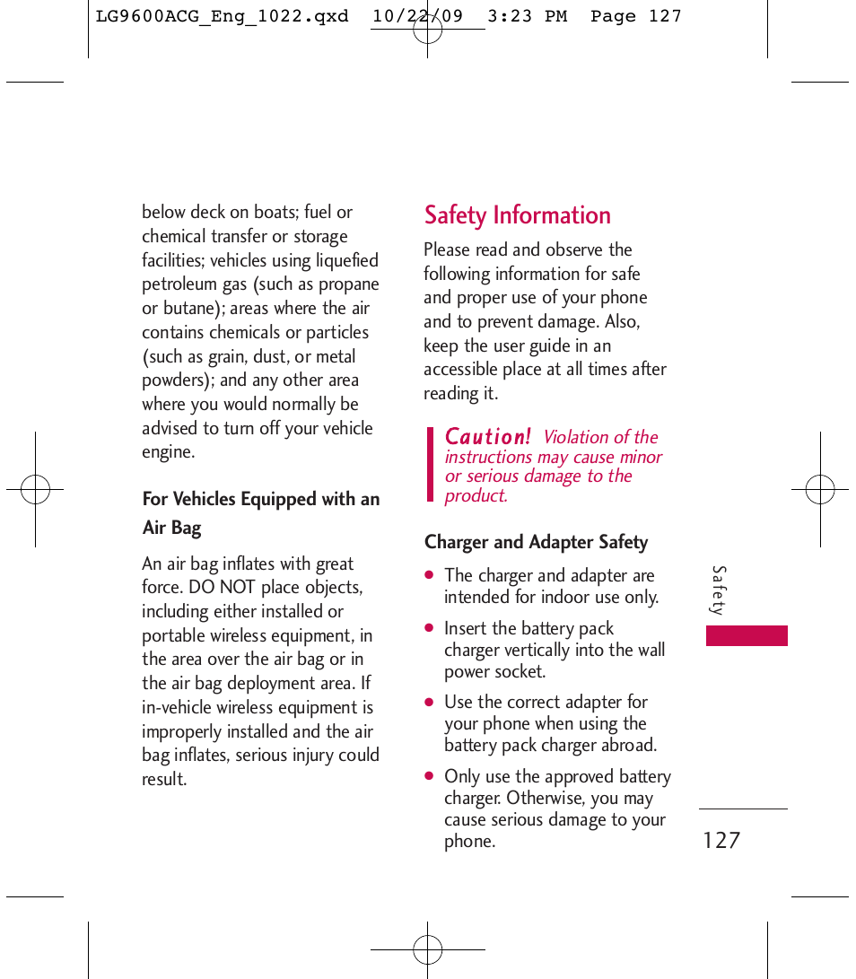 Safety information, Caution | LG 9600 User Manual | Page 129 / 338