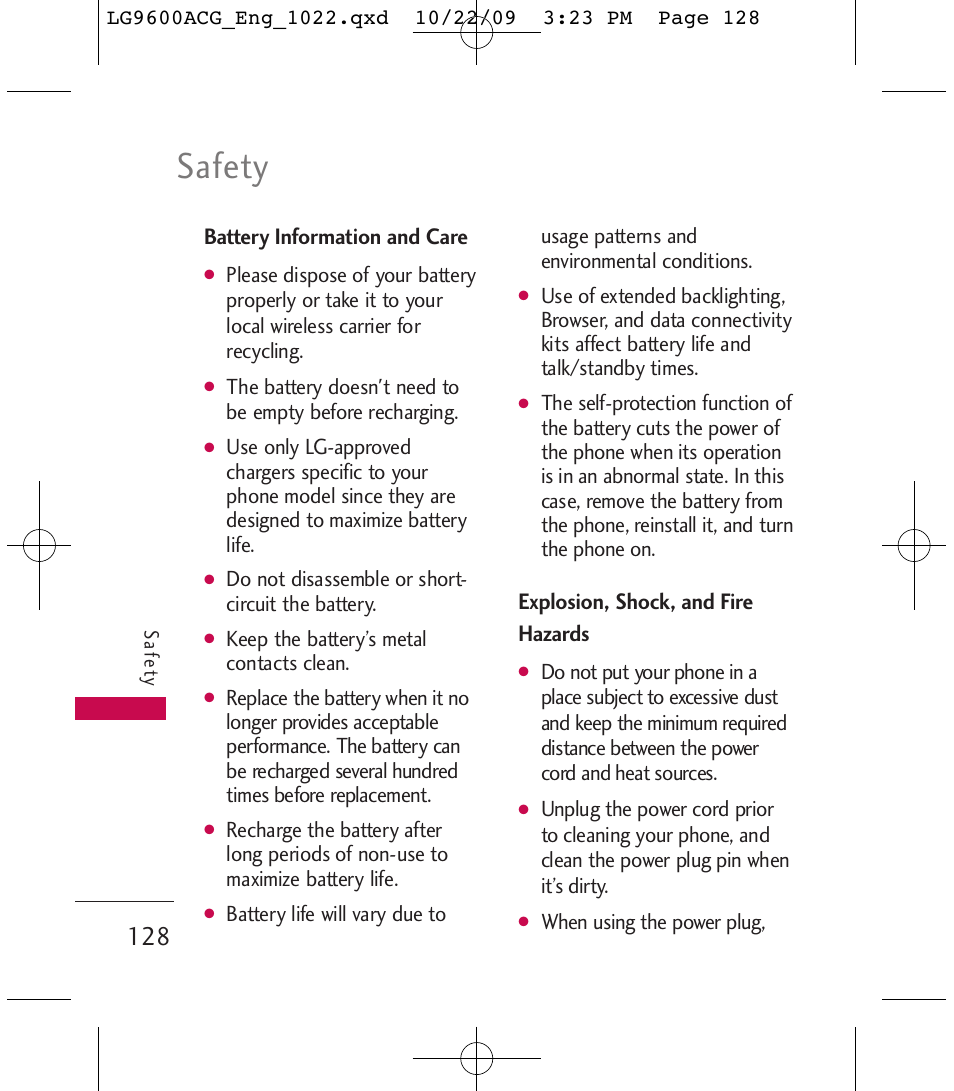 Safety, Battery information and care, Explosion, shock, and fire hazards | LG 9600 User Manual | Page 130 / 338