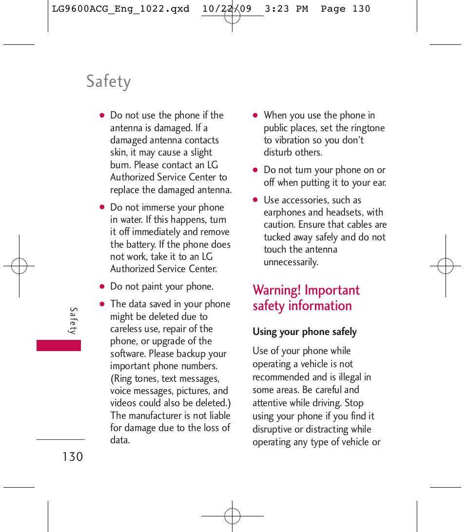 Safety, Warning! important safety information | LG 9600 User Manual | Page 132 / 338