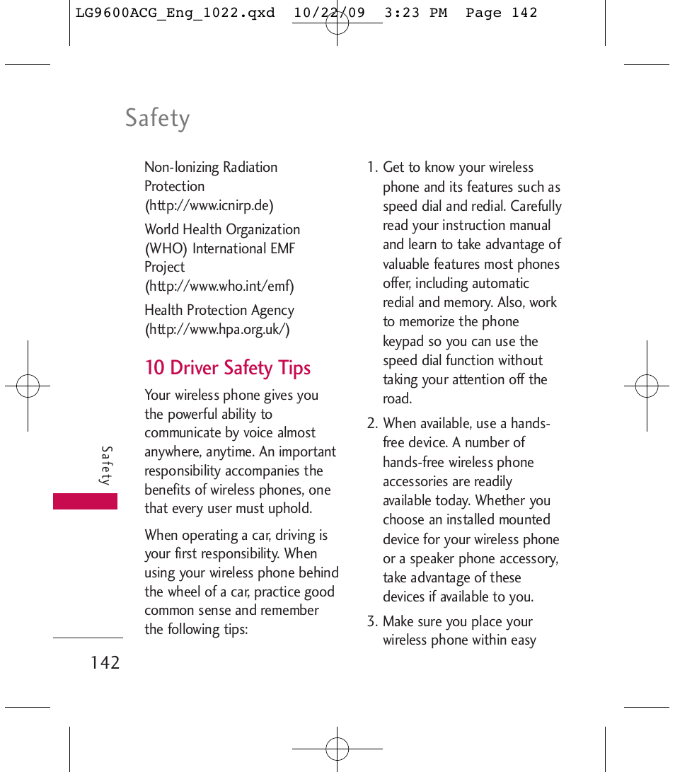 Safety, 10 driver safety tips | LG 9600 User Manual | Page 144 / 338