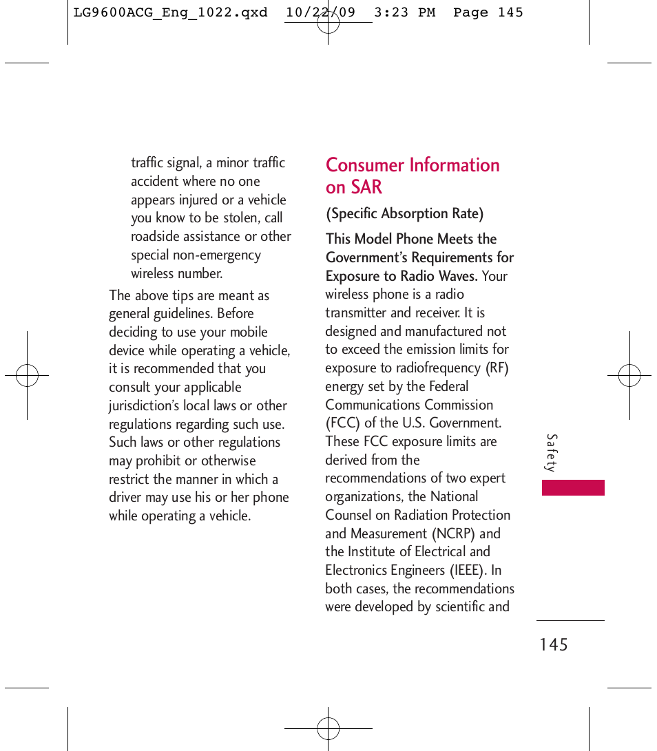 Consumer information on sar | LG 9600 User Manual | Page 147 / 338