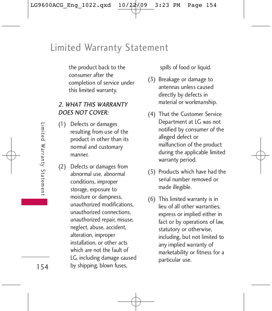Limited warranty statement | LG 9600 User Manual | Page 156 / 338