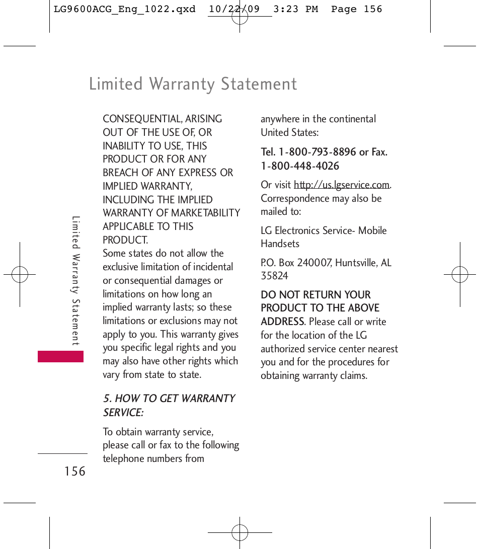 Limited warranty statement | LG 9600 User Manual | Page 158 / 338
