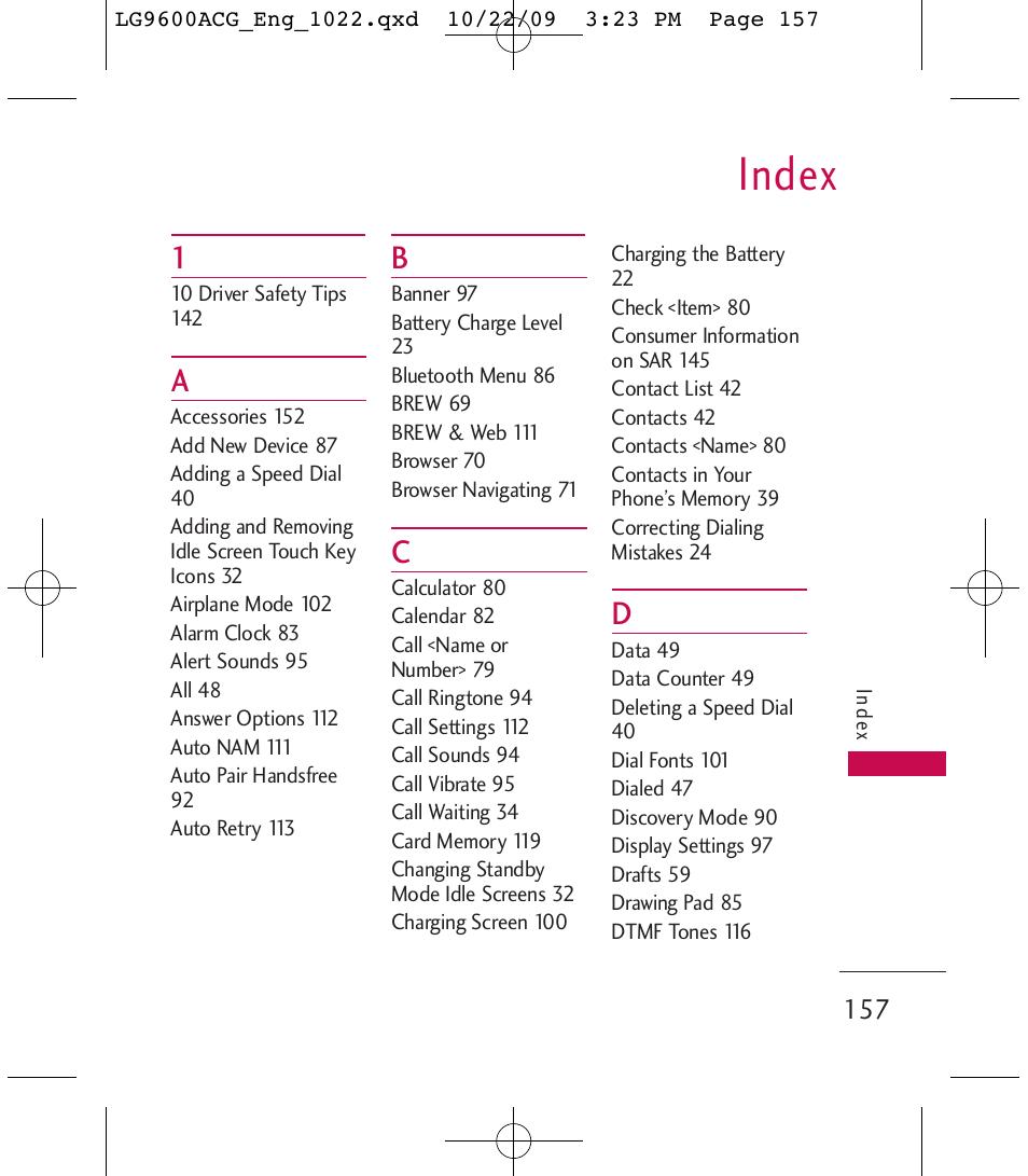 Index | LG 9600 User Manual | Page 159 / 338