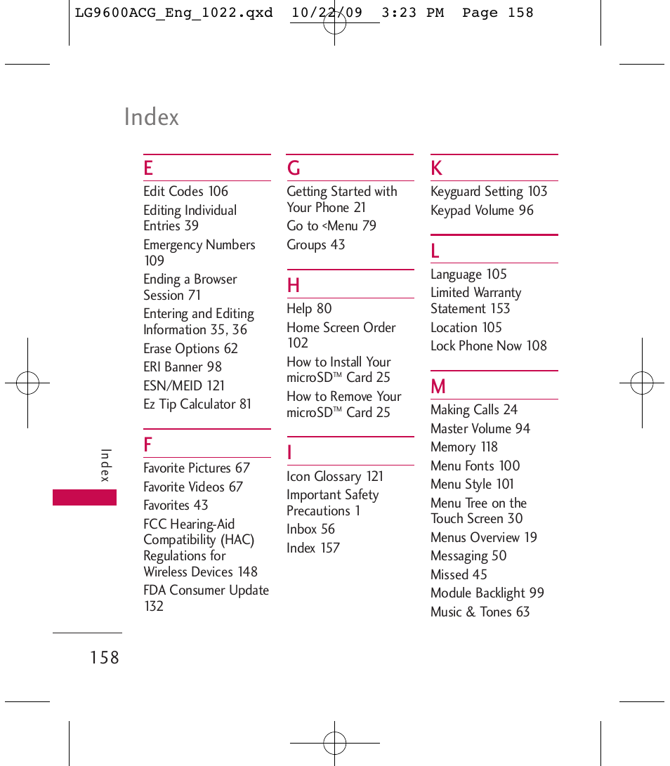 Index | LG 9600 User Manual | Page 160 / 338