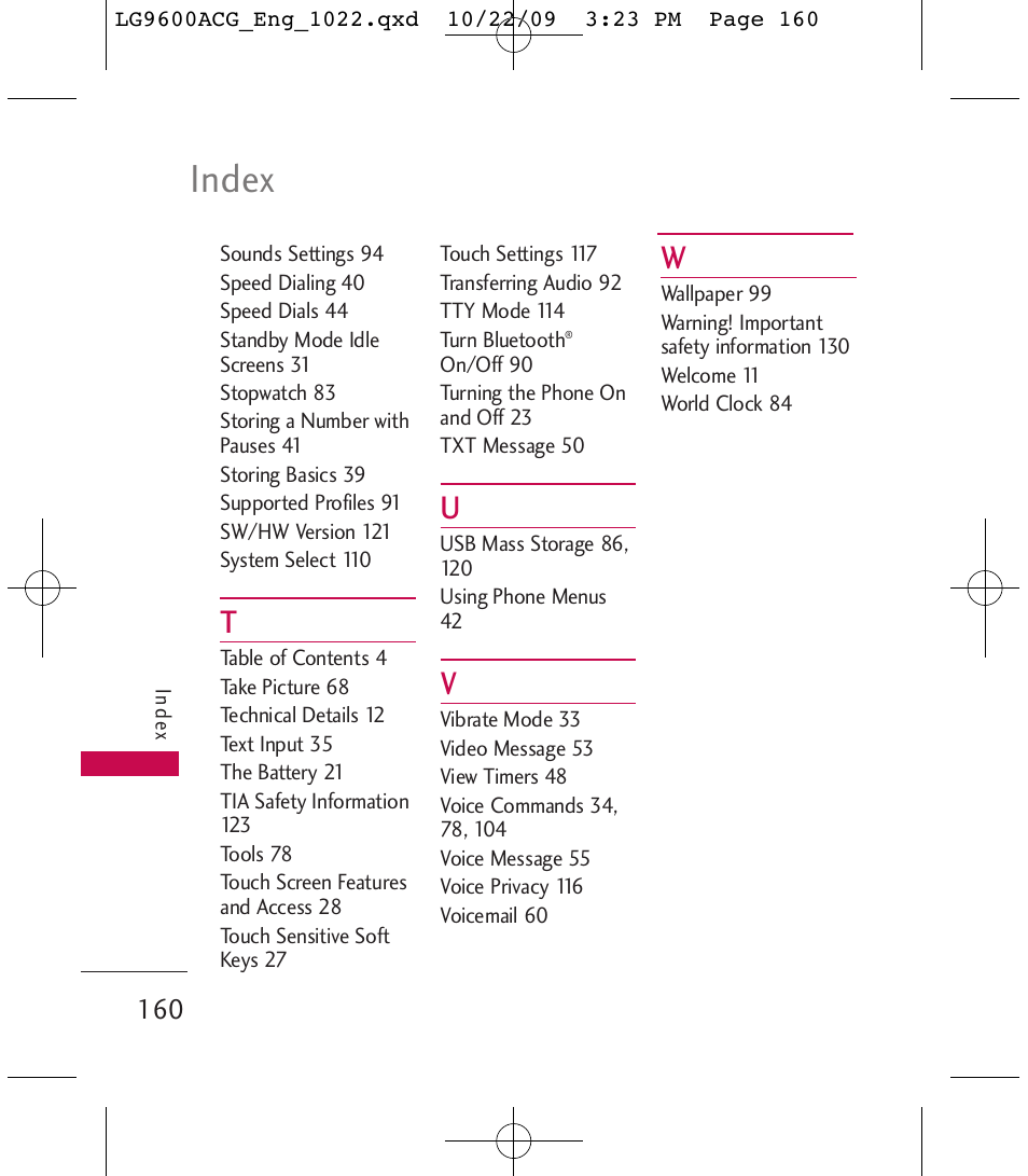 Index | LG 9600 User Manual | Page 162 / 338