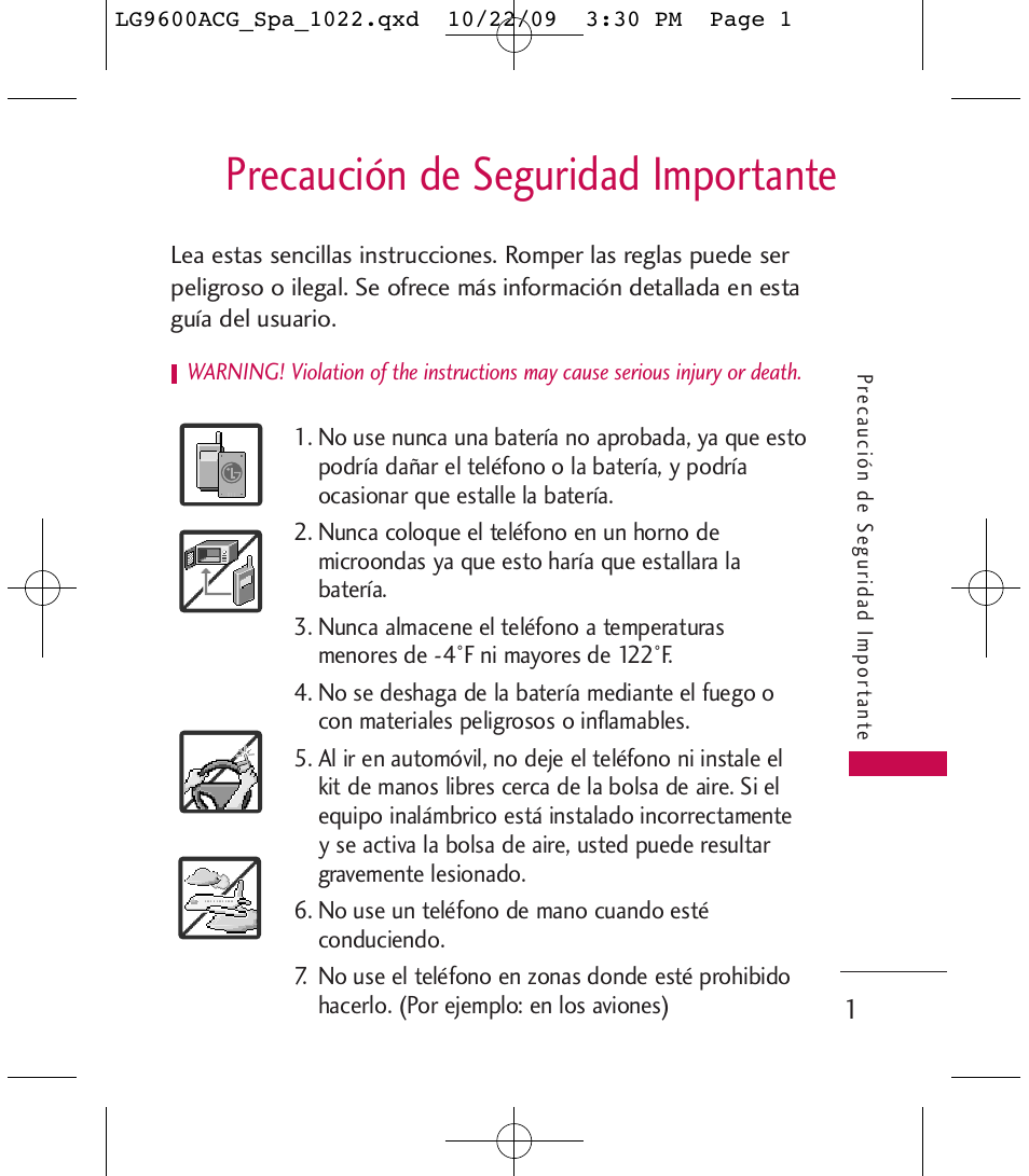 Precaución de seguridad importante | LG 9600 User Manual | Page 165 / 338