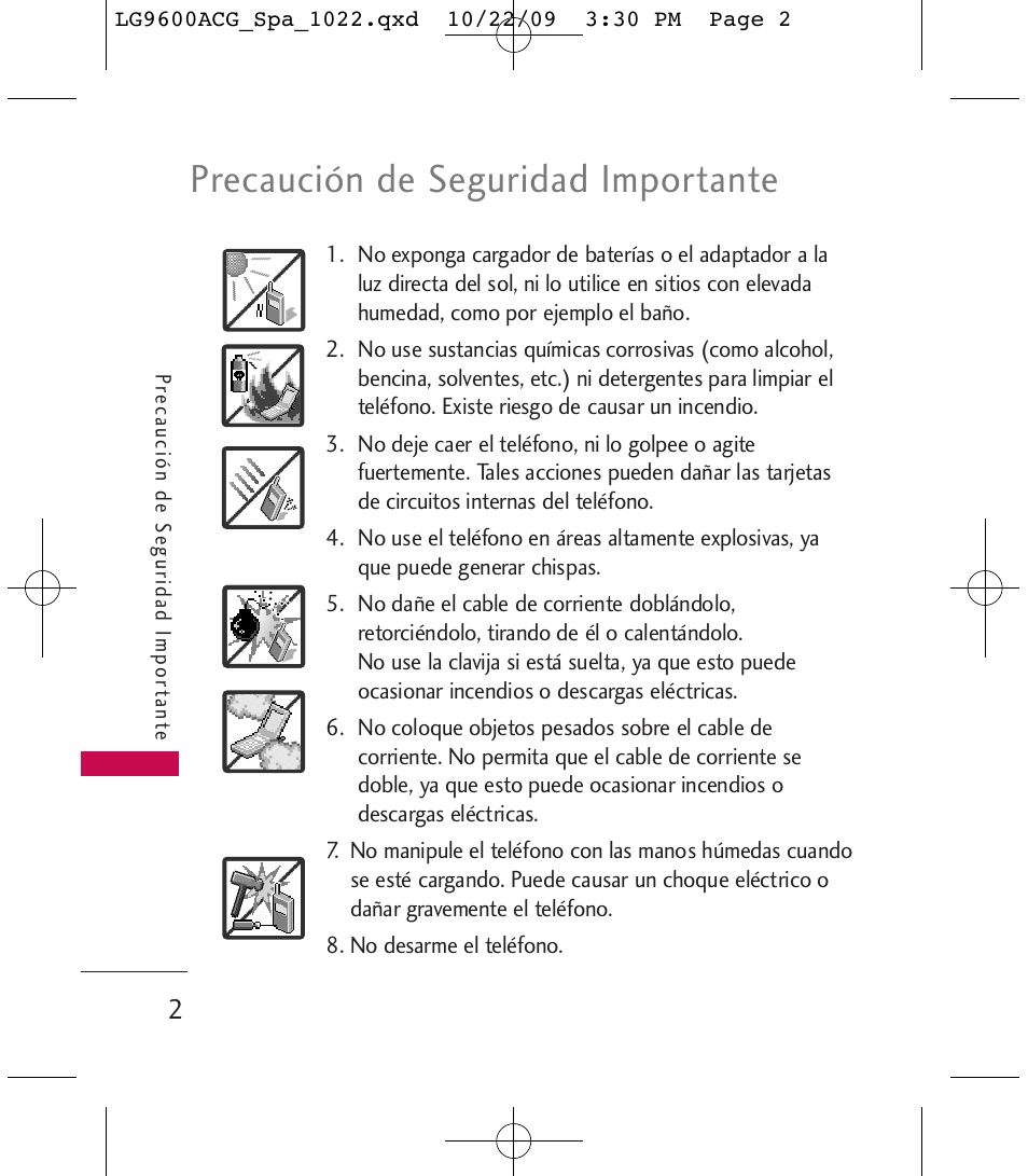 Precaución de seguridad importante | LG 9600 User Manual | Page 166 / 338