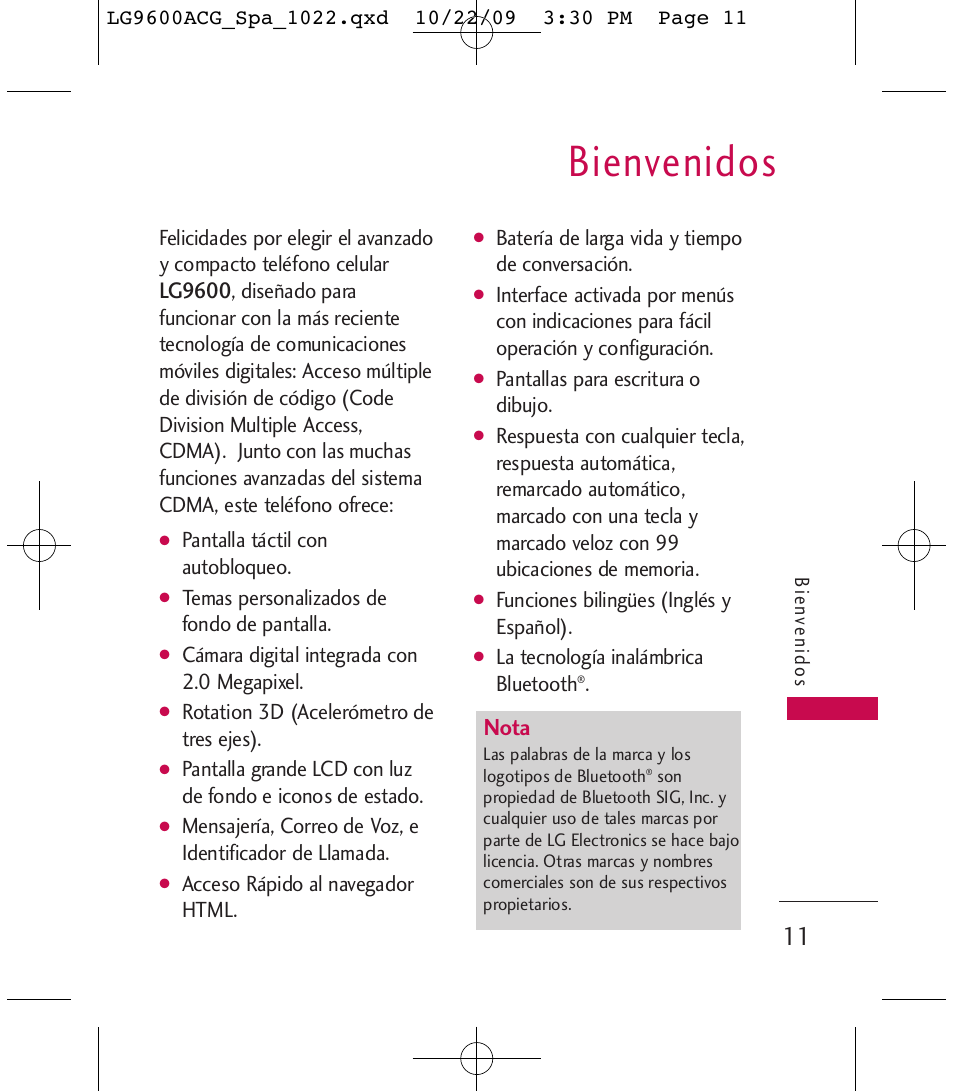 Bienvenidos, Nota, Lg9600 | LG 9600 User Manual | Page 175 / 338