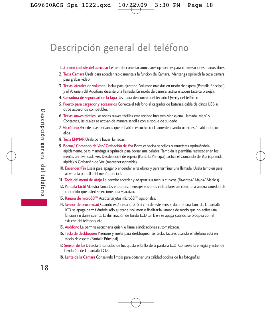 Descripción general del teléfono, De scripción gener al del t eléfono | LG 9600 User Manual | Page 182 / 338