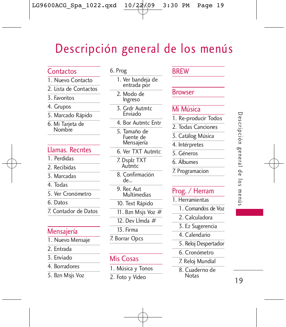 Descripción general de los menús | LG 9600 User Manual | Page 183 / 338