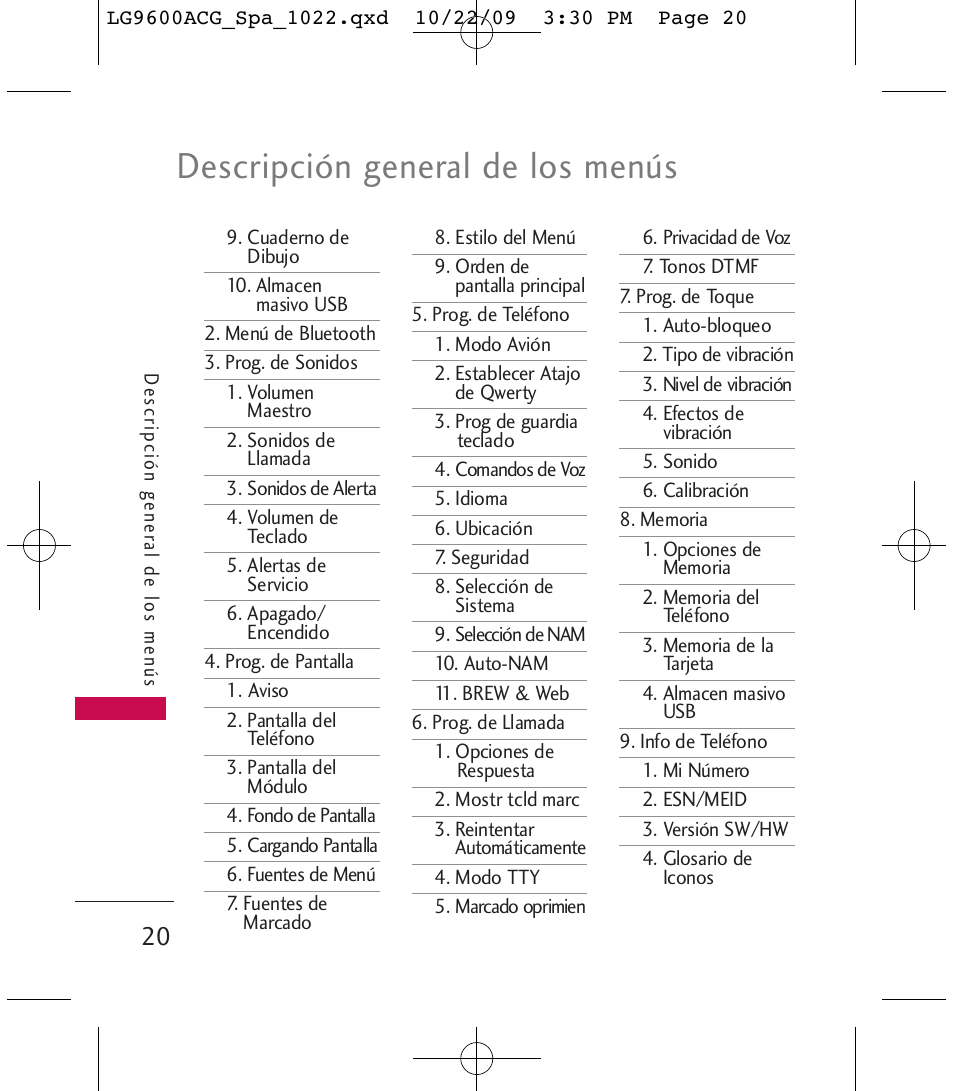 Descripción general de los menús | LG 9600 User Manual | Page 184 / 338