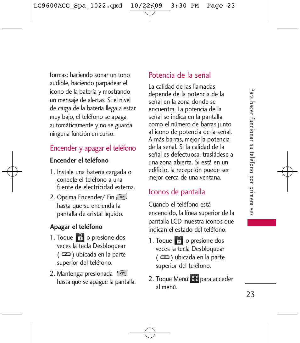 Encender y apagar el teléfono, Potencia de la señal, Iconos de pantalla | LG 9600 User Manual | Page 187 / 338