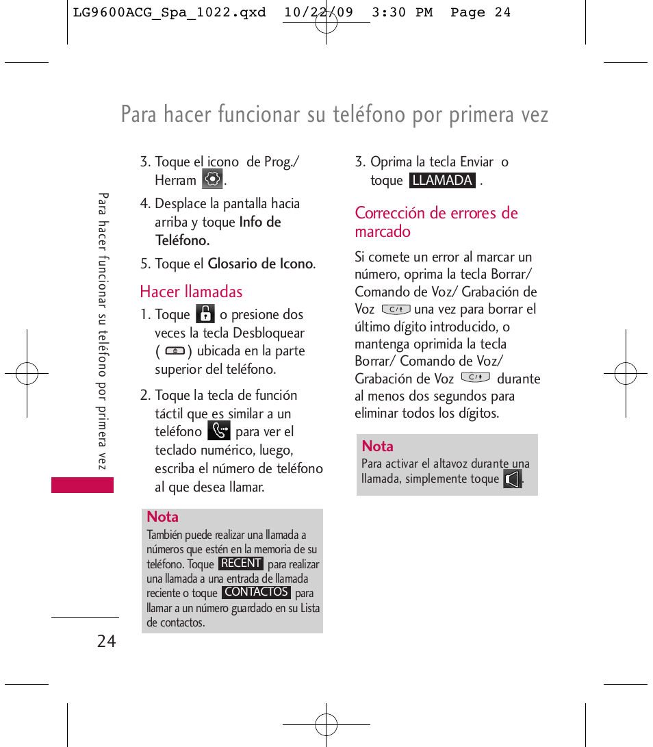 Para hacer funcionar su teléfono por primera vez, Hacer llamadas, Corrección de errores de marcado | LG 9600 User Manual | Page 188 / 338