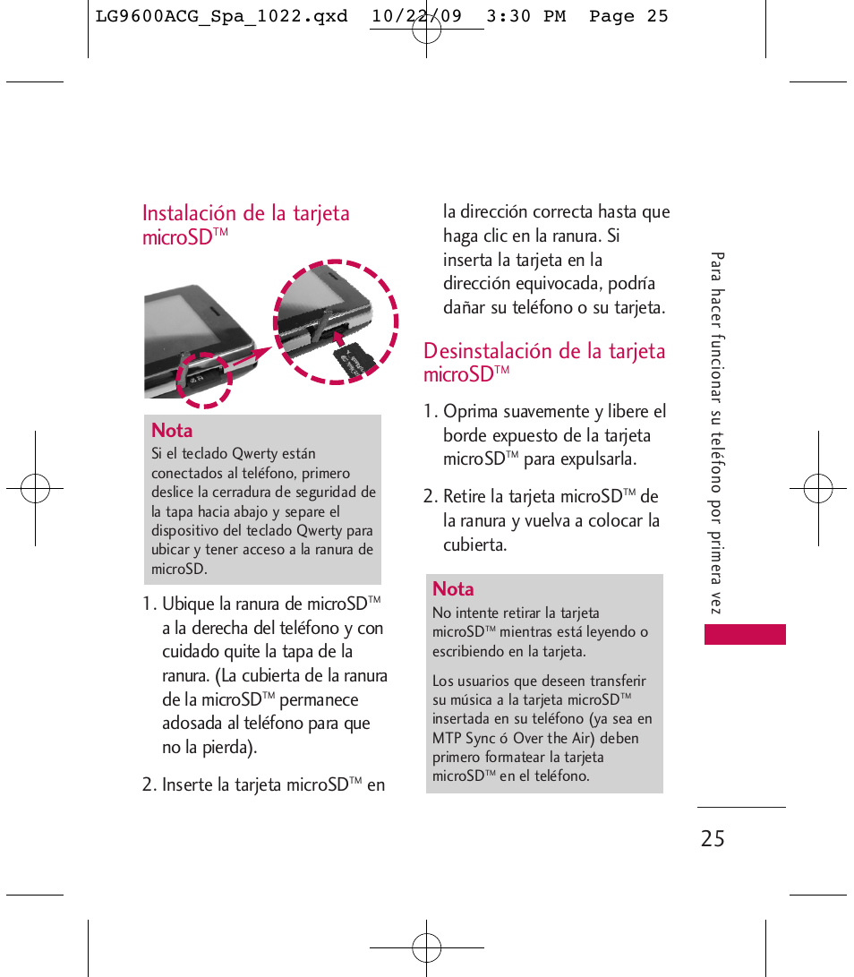 Instalación de la tarjeta microsd, Desinstalación de la tarjeta microsd, Nota | LG 9600 User Manual | Page 189 / 338
