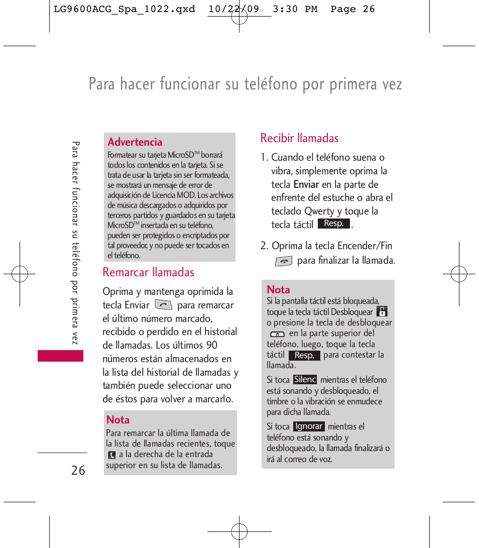 Para hacer funcionar su teléfono por primera vez, Remarcar llamadas, Recibir llamadas | LG 9600 User Manual | Page 190 / 338