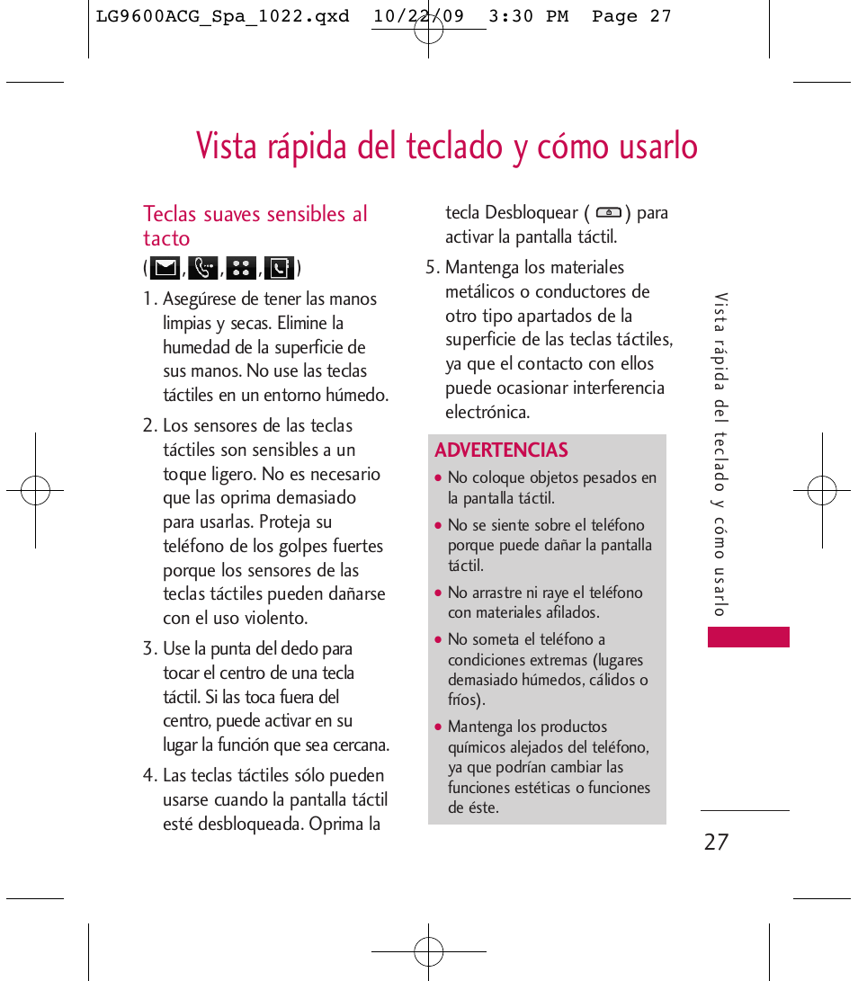 Vista rápida del teclado y cómo usarlo, Teclas suaves sensibles al tacto | LG 9600 User Manual | Page 191 / 338