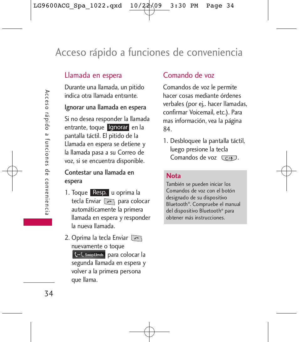 Acceso rápido a funciones de conveniencia, Llamada en espera, Comando de voz | LG 9600 User Manual | Page 198 / 338