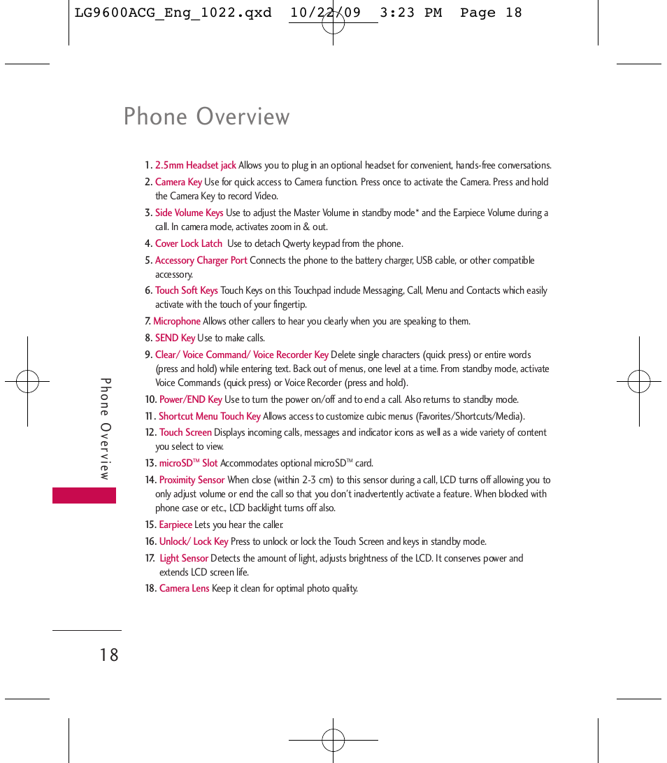 Phone overview, Phone ov ervie w | LG 9600 User Manual | Page 20 / 338