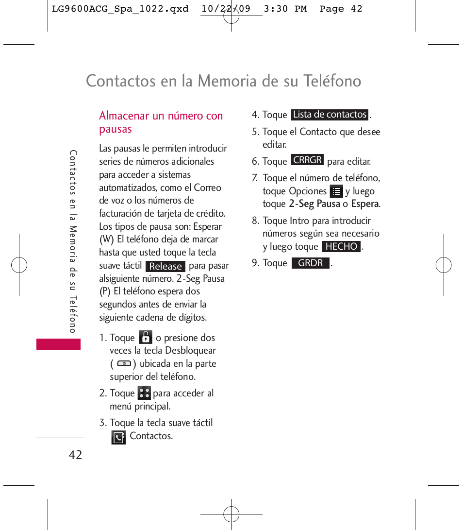 Almacenar un número con pausas | LG 9600 User Manual | Page 206 / 338