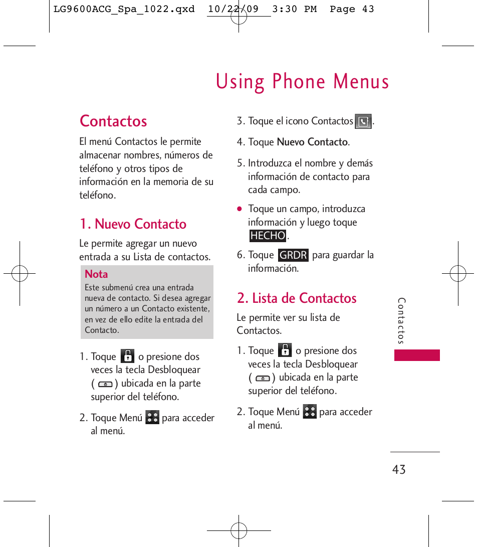 Using phone menus, Contactos, Nuevo contacto | Lista de contactos | LG 9600 User Manual | Page 207 / 338