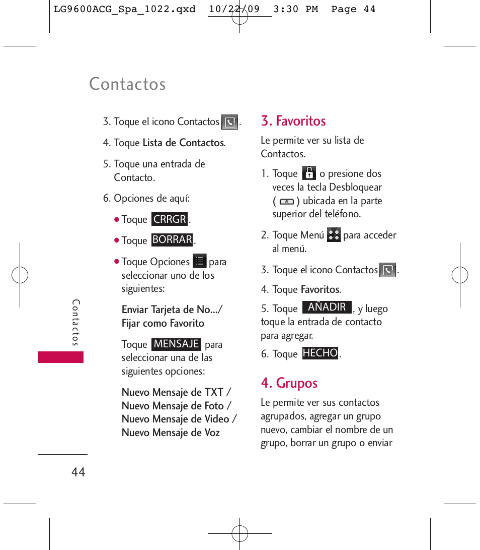 Contactos, Favoritos, Grupos | LG 9600 User Manual | Page 208 / 338
