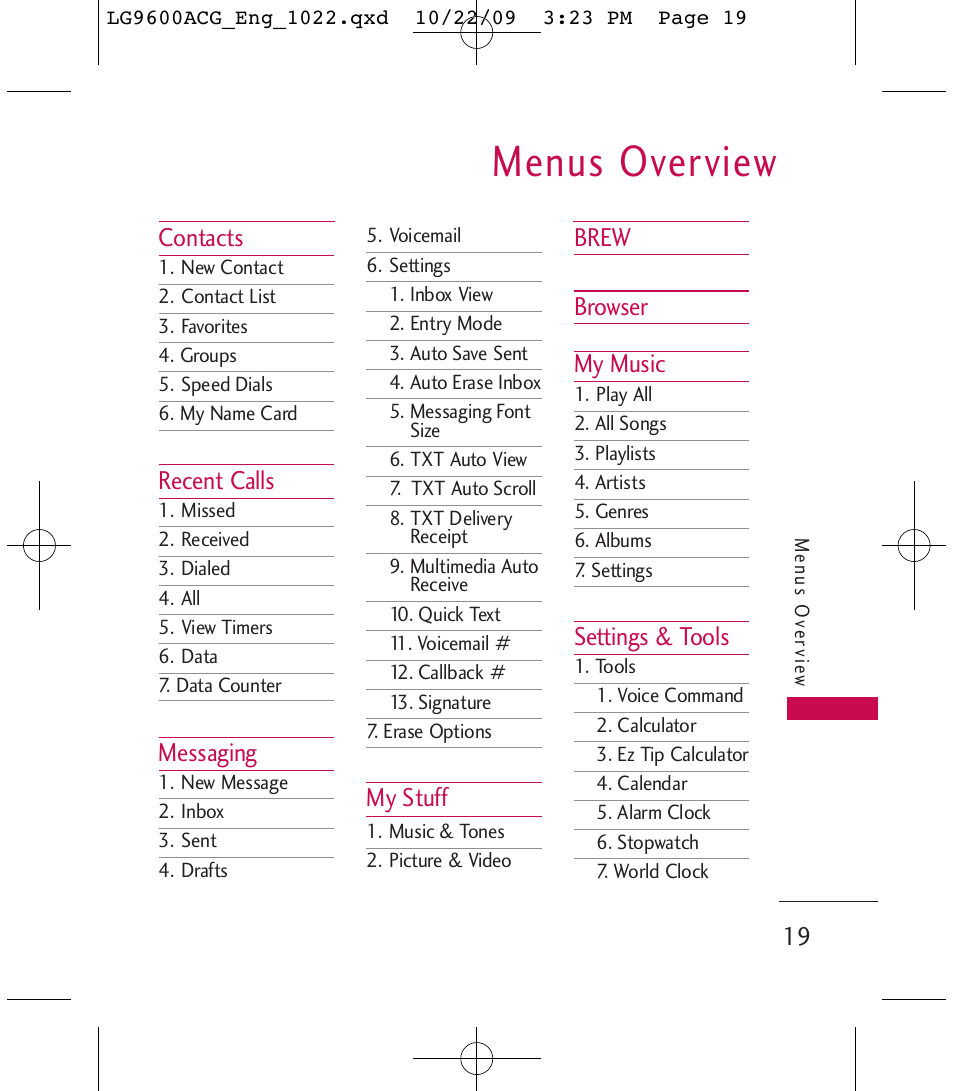 Menus overview | LG 9600 User Manual | Page 21 / 338