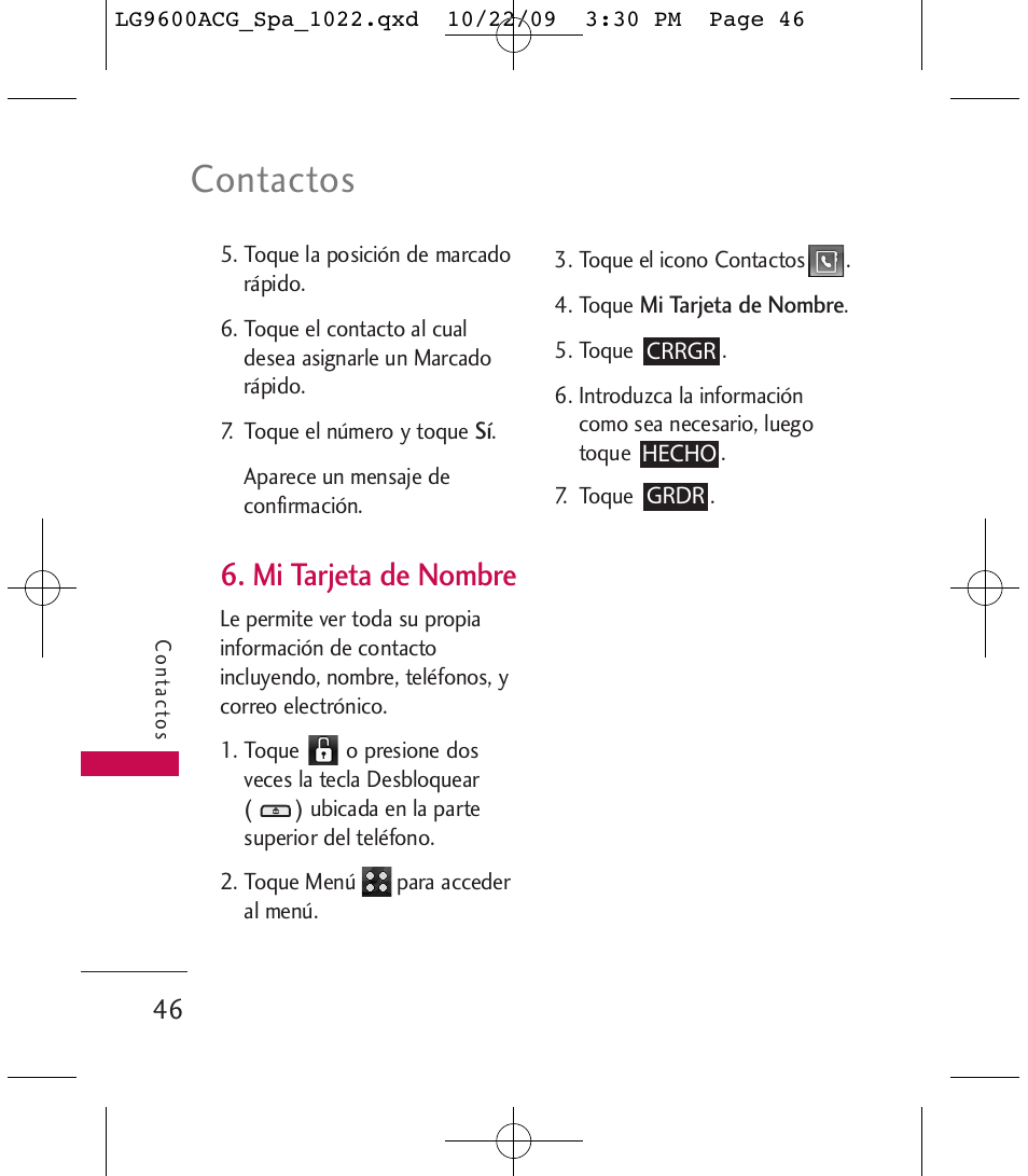 Contactos, Mi tarjeta de nombre | LG 9600 User Manual | Page 210 / 338