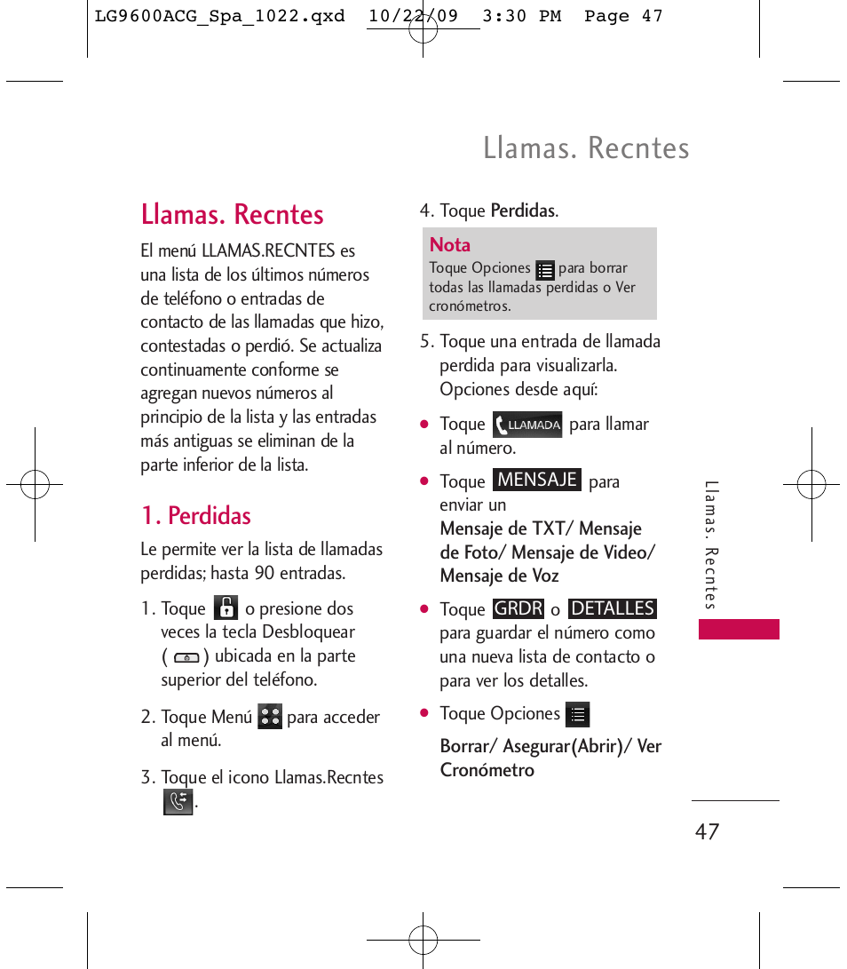 Llamas. recntes, Perdidas | LG 9600 User Manual | Page 211 / 338