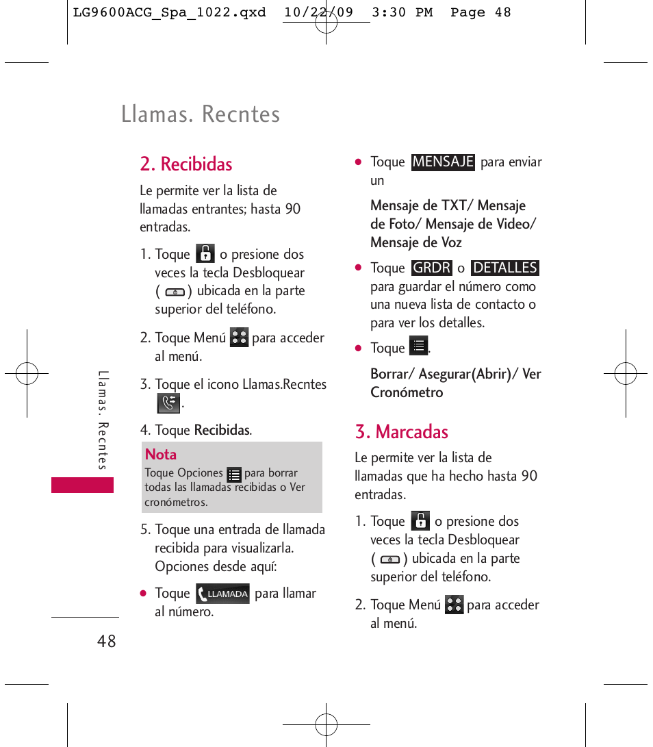 Llamas. recntes, Recibidas, Marcadas | LG 9600 User Manual | Page 212 / 338